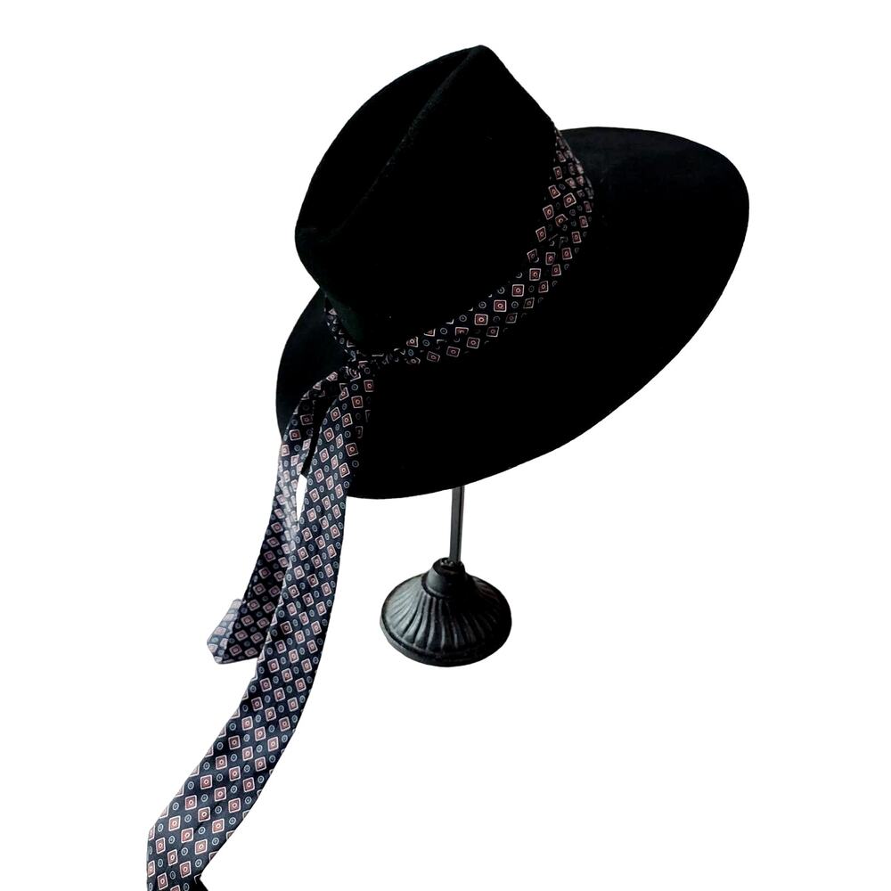 Zara Black Felt Hat with Printed Scarf Size Medium Boho Bohemian - Picture 3 of 10